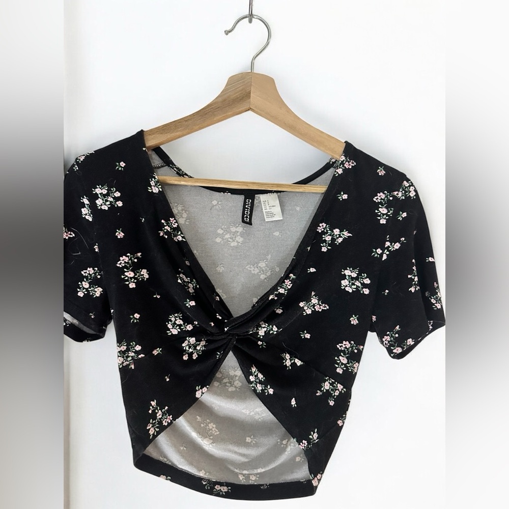 H&M Black Floral Knot-Front Blouse